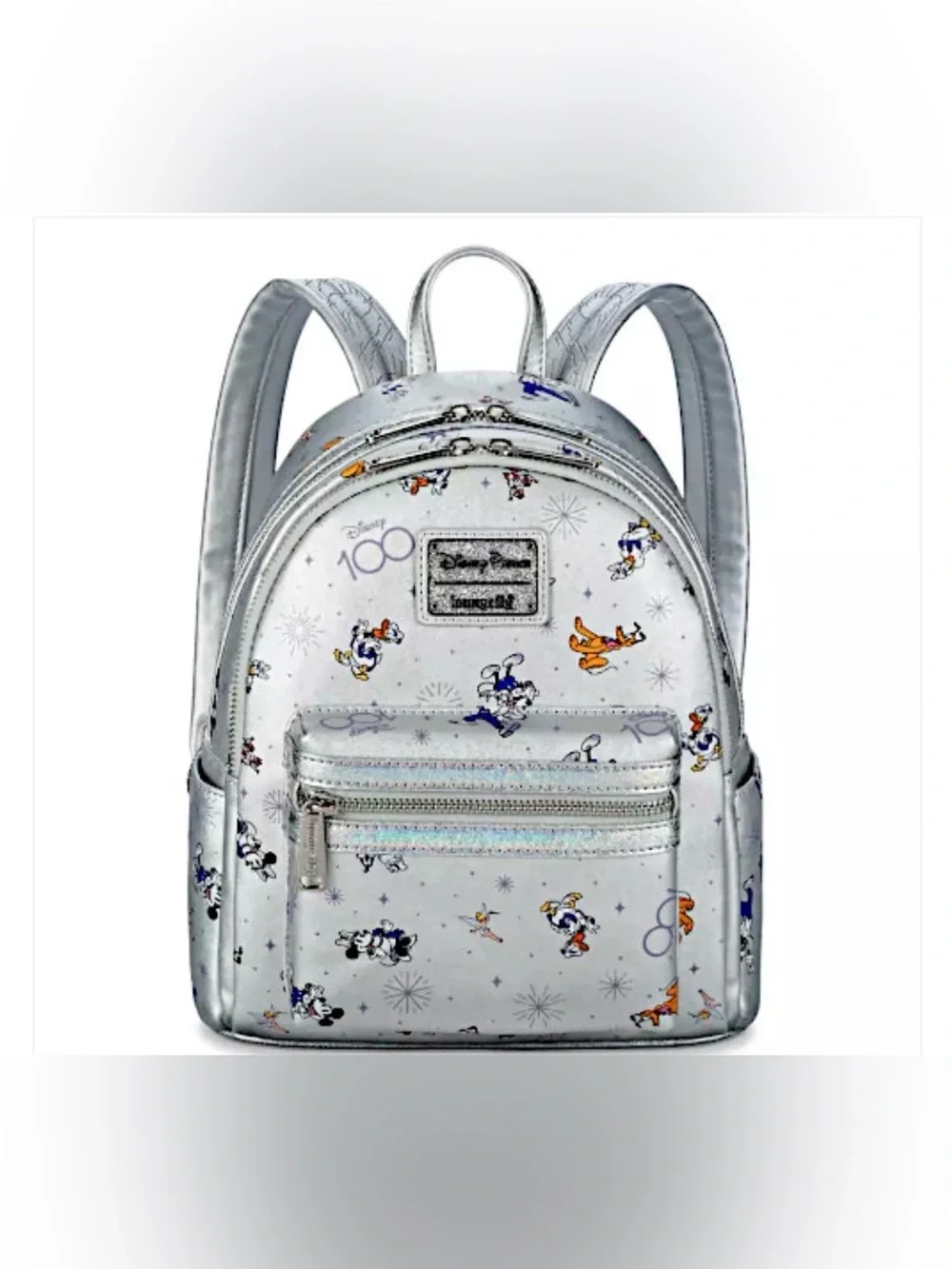 Disney Silver 100th Anniversary Mini Backpack with Multicolor Character Print